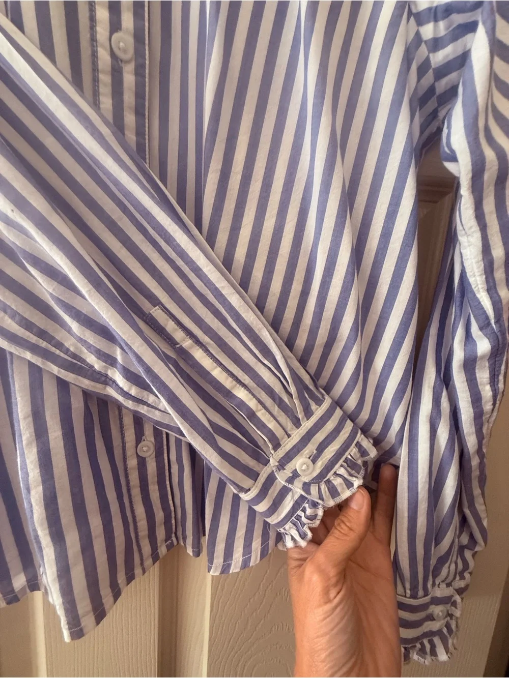 beachlunchlounge Blue and White Striped Ruffle Collar Shirt - Picture 7 of 7